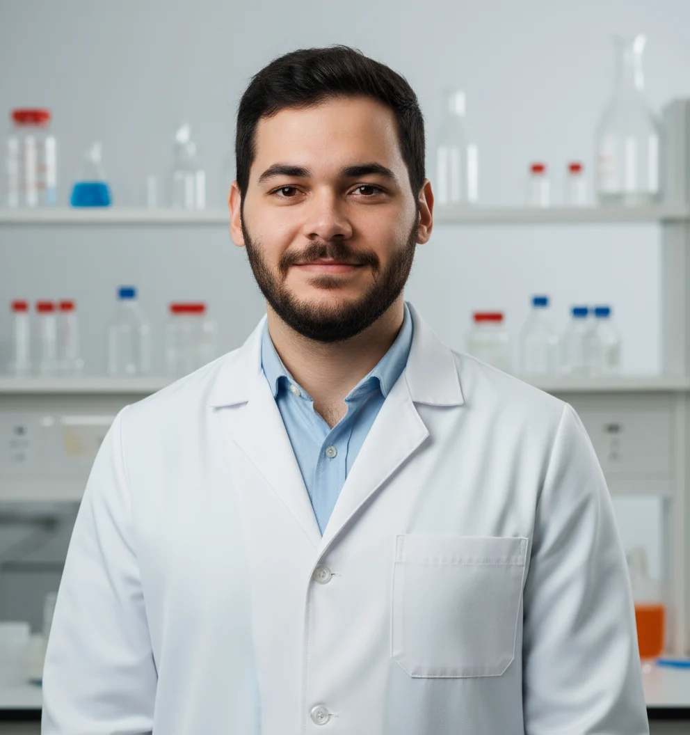 Científic amb Bata de Laboratori AI headshot style