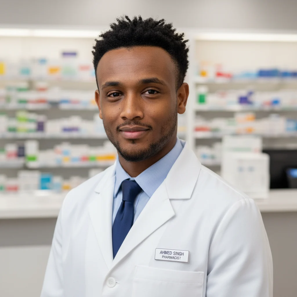 Look de Farmacèutic AI headshot style